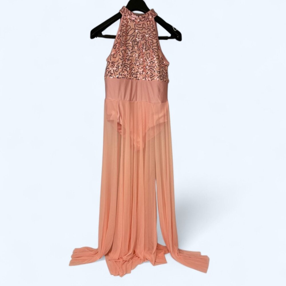 iEFiEL Women's Halter Sequins Dance Costume Mesh Tulle Overlay Dress Size Medium